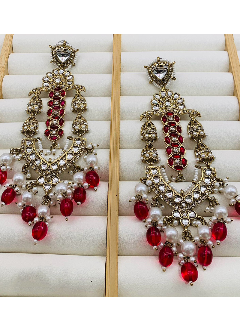 Wedding Wear Red Gold Plated Kundan Stone Big Size Earrings