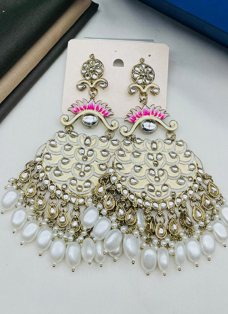 Buy Wedding Wear White Gold Plated Kundan Stone Big Size Earrings
