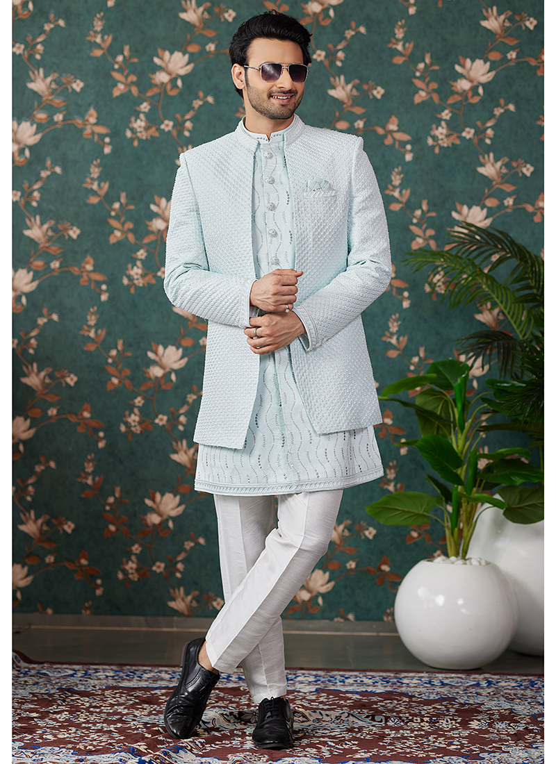 Buy Art Silk Pista Green Groom Wear Thread Work Readymade Sherwani