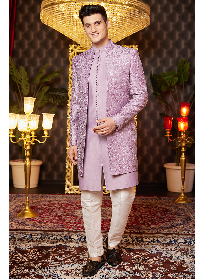 Art Silk Light Purple Wedding Wear Thread Work Readymade Indo Western  Sherwani