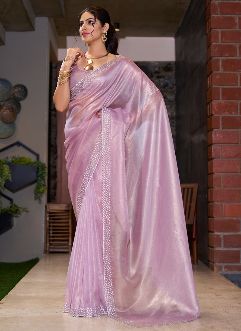 Buy Soft Organza Light Pink Party Wear Hand Work Saree Online From