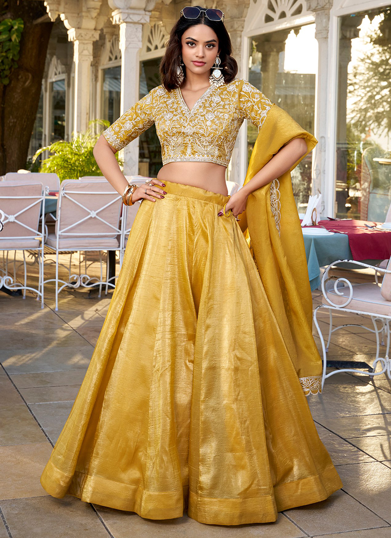 Buy Jimmy Choo Yellow Party Wear Embroidery Work Readymade Lehenga