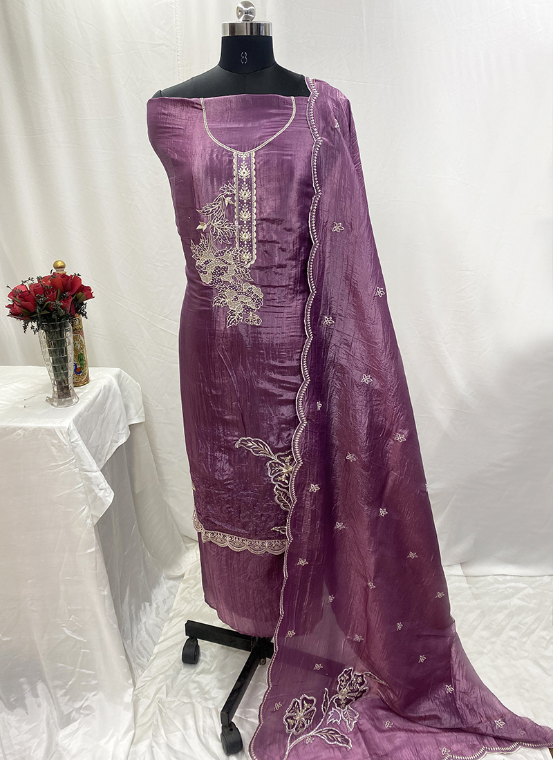 Buy Roman Silk Purple Party Wear Stone Work Dress Material Online