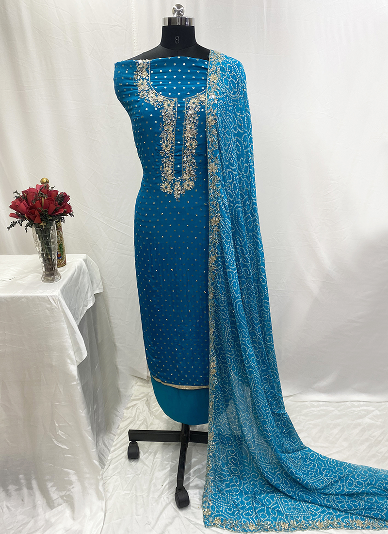 Buy Silk Blue Wedding Wear Bandhani Print Dress Material Online