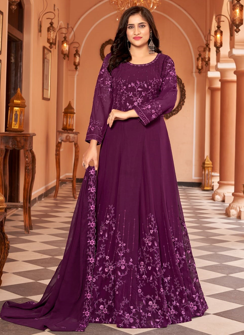 Indian Style Wine Color Gown with Dupatta, Bollywood Partywear Faux Georgette cheapest with Heavy Embroidery Sequence work Gown with Dupatta