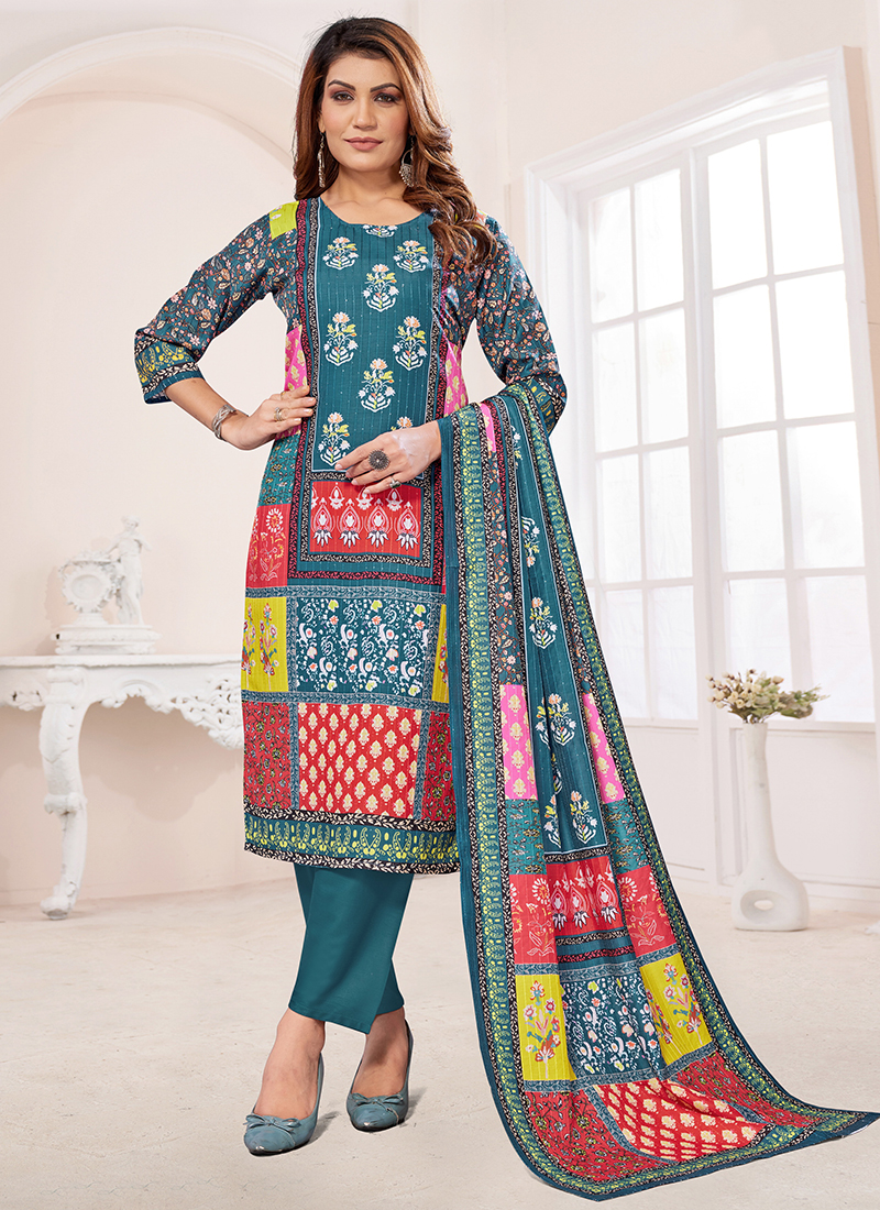 Buy Muslin Blue Casual Wear Printed Readymade Salwar Suit Online