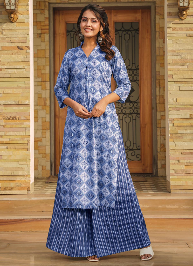 Buy Rayon Blue Casual Wear Printed Kurti With Palazzo Online From