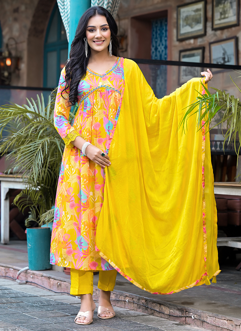 Buy Pure Chiffon Yellow Festival Wear Digital Printed Readymade