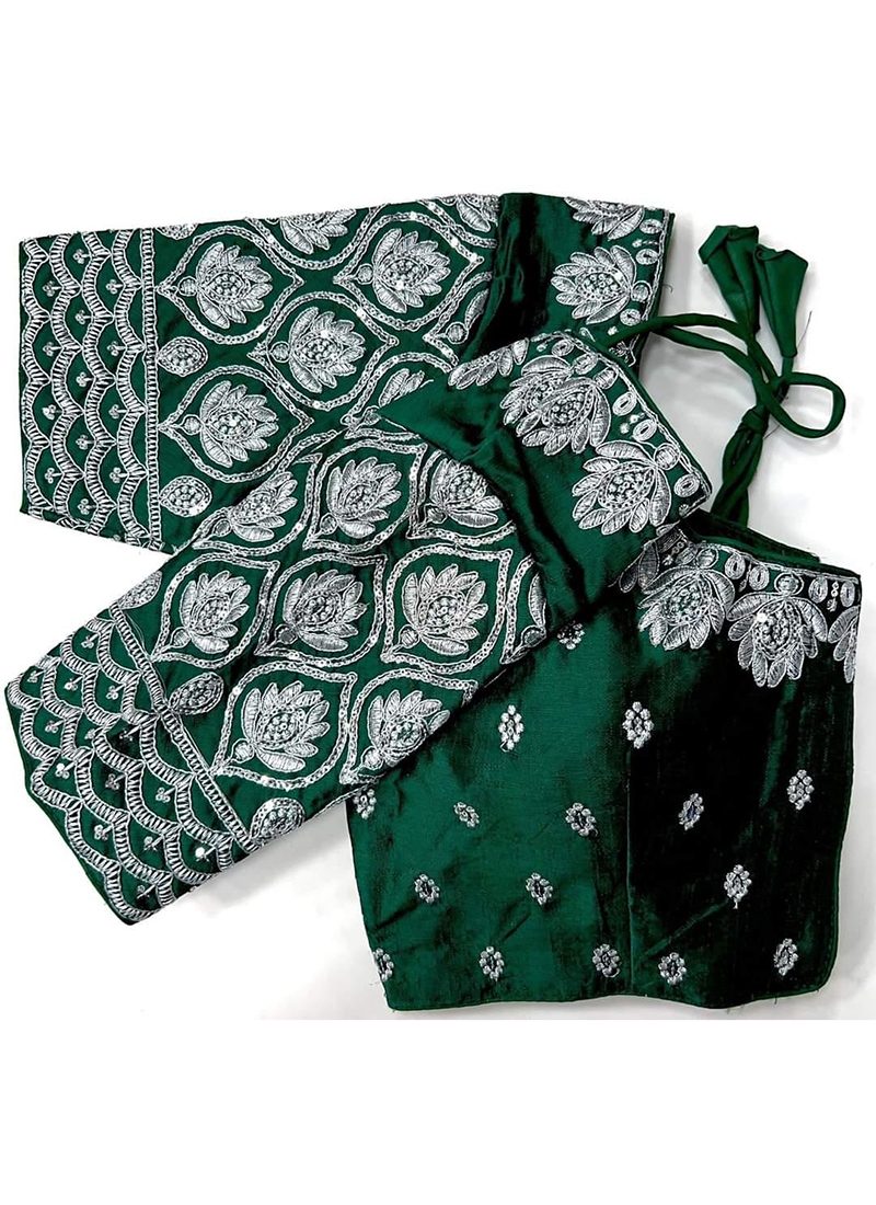 Dark green silk easy fit blouse with a raised V neck and all-over deli –  Kora India, image size:800x1100