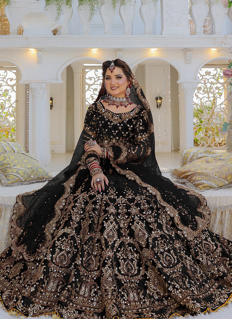 Buy Black 9000 Velvet Bridal Wear Embroidery Work Lehenga Choli