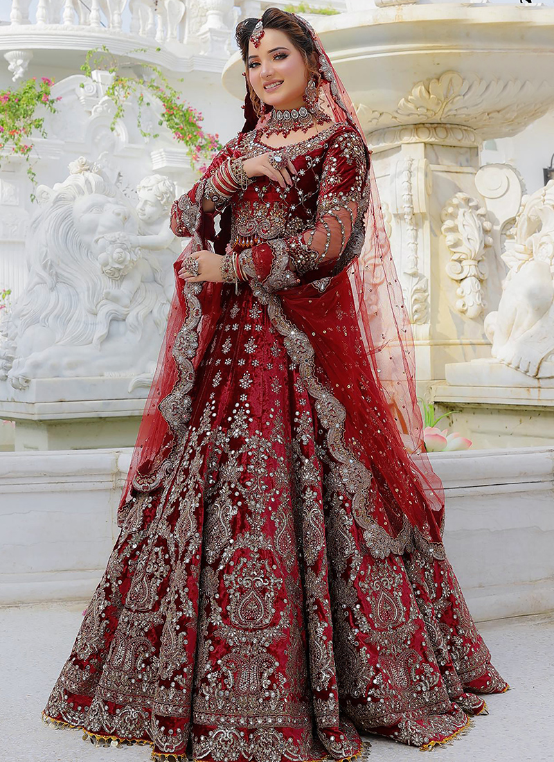 Buy Maroon 9000 Velvet Bridal Wear Embroidery Work Lehenga Choli
