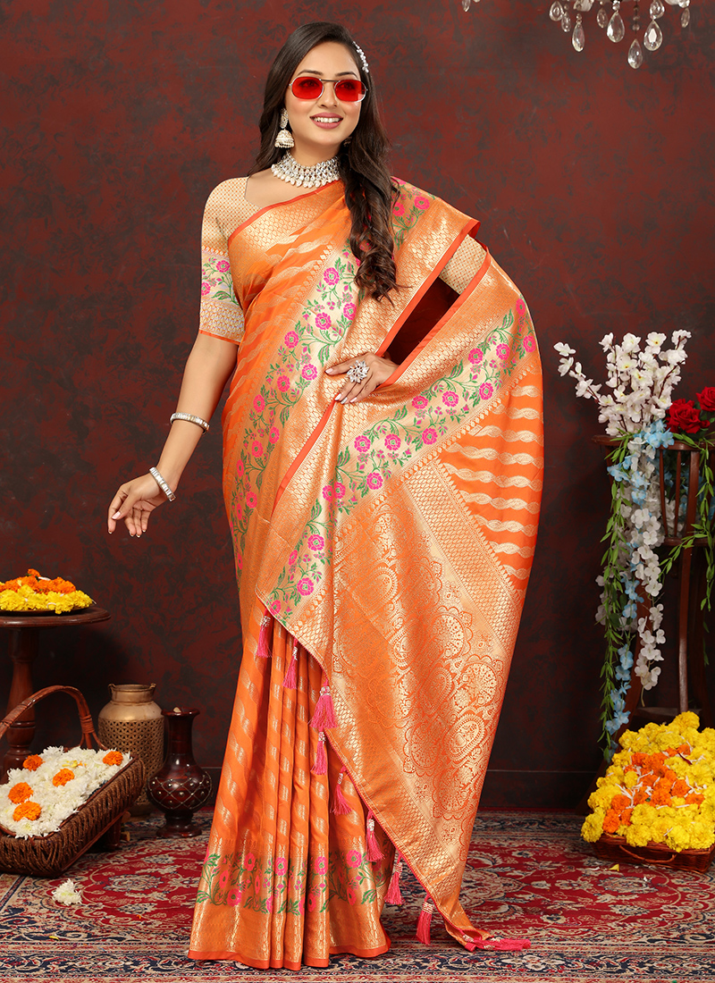 Buy Orange Soft Silk Party Wear Weaving Saree Online From Wholesale Salwar 9094