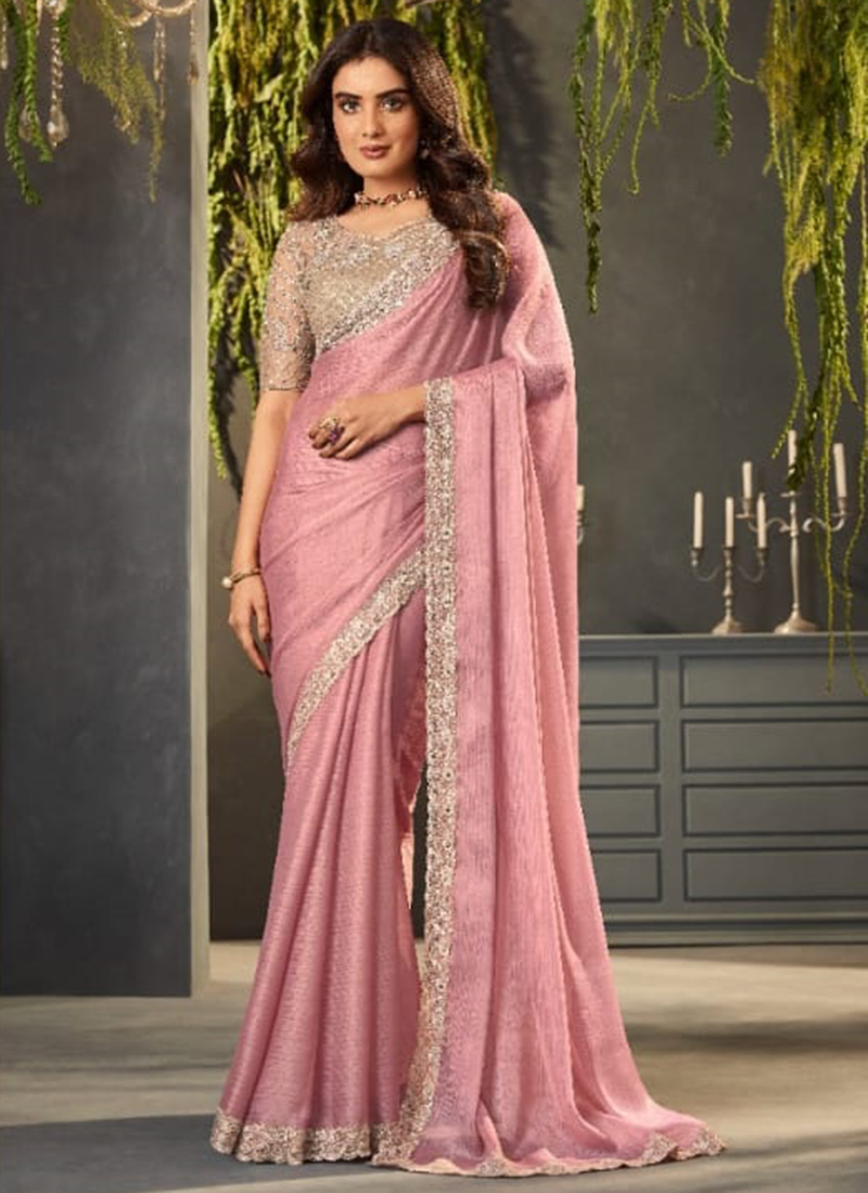 Baby Pink Chiffon Shimmer Stripe Party Wear Embroidery Work Saree