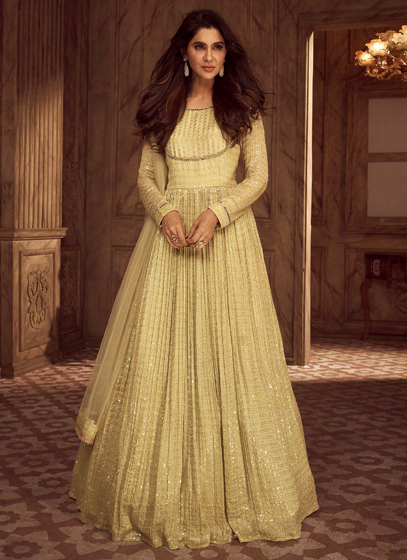 Party Wear Wedding Gown Golden Colour Light Yellow Heavy Faux