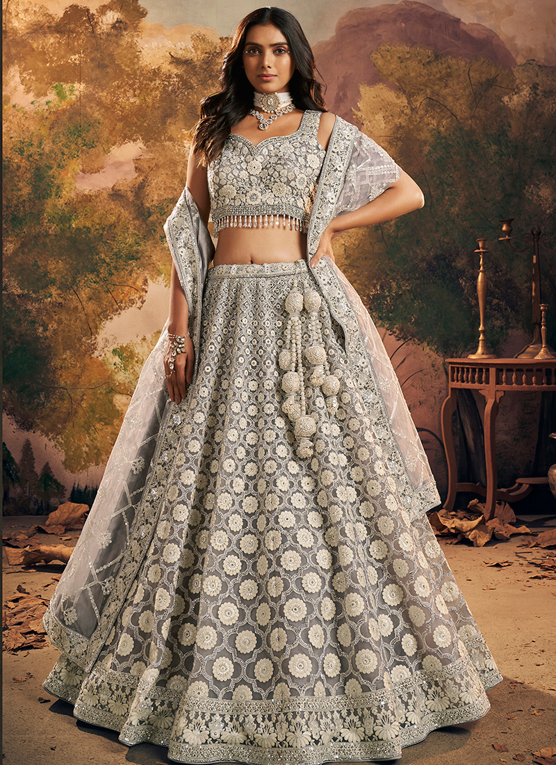 Buy Grey Net Wedding Wear Hand Work Readymade Lehenga Choli Online