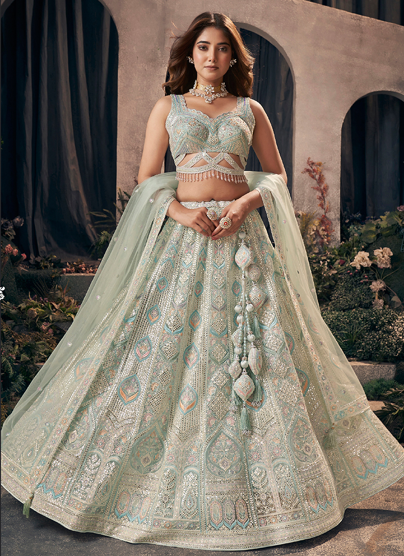 Buy Pista Green Kali Net Bridal Wear Gota Patti Readymade Lehenga Choli Online From Wholesale Salwar