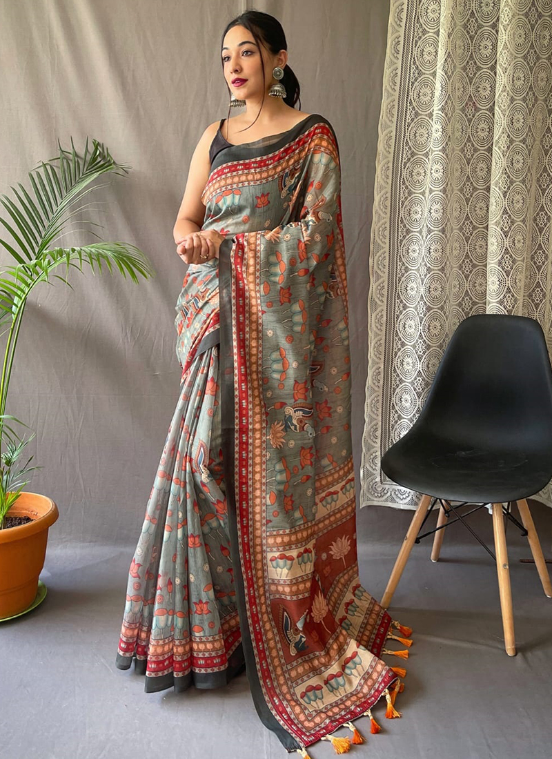 Buy Lemon Grass Malai Cotton Saree with Kalamkari Print Online – Iraah