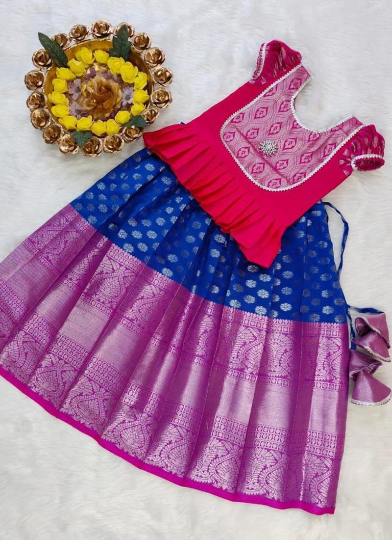 Buy Pattu Pavadai Kids Sleeveless Fancy Langa with Blouse (Lehenga Choli),  Pink and Yellow at Amazon.in