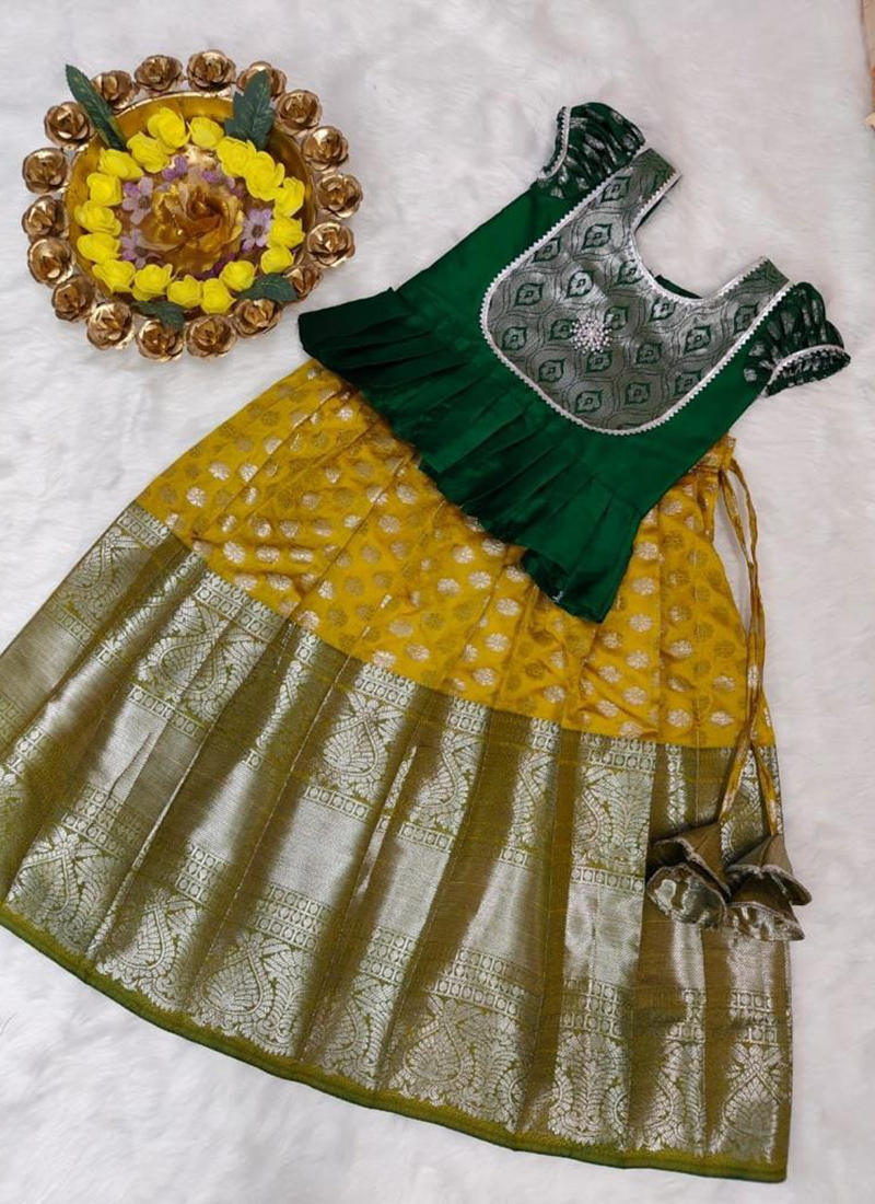 yellow Silk Banarasi Wedding Wear Kanchi Border Work Readymade Kids Lehenga Choli AJD7843 3