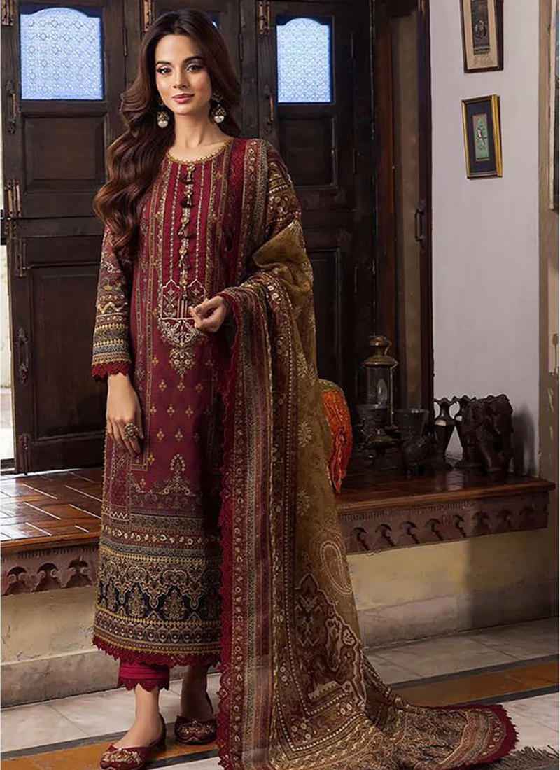 Buy Dark Red Pure Heavy lawn Cotton Traditional Wear Digital