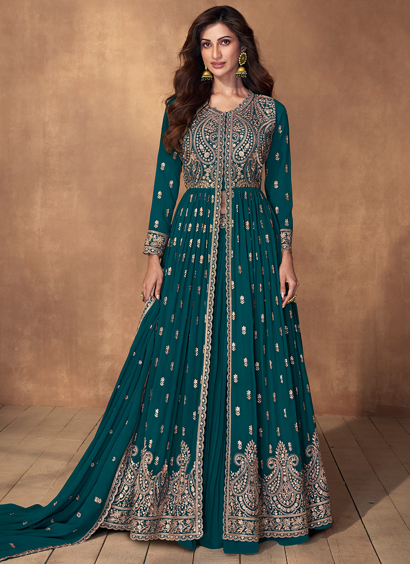 Sky Coloured Faux Georgette with Embroidered work Gown With Dupatta main image 0