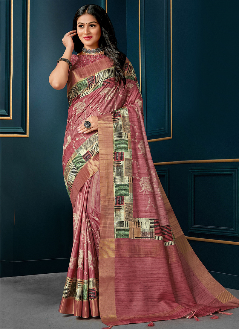 Light Pista Green Silk Spun Floral Digital Printed Festive-Wear Saree