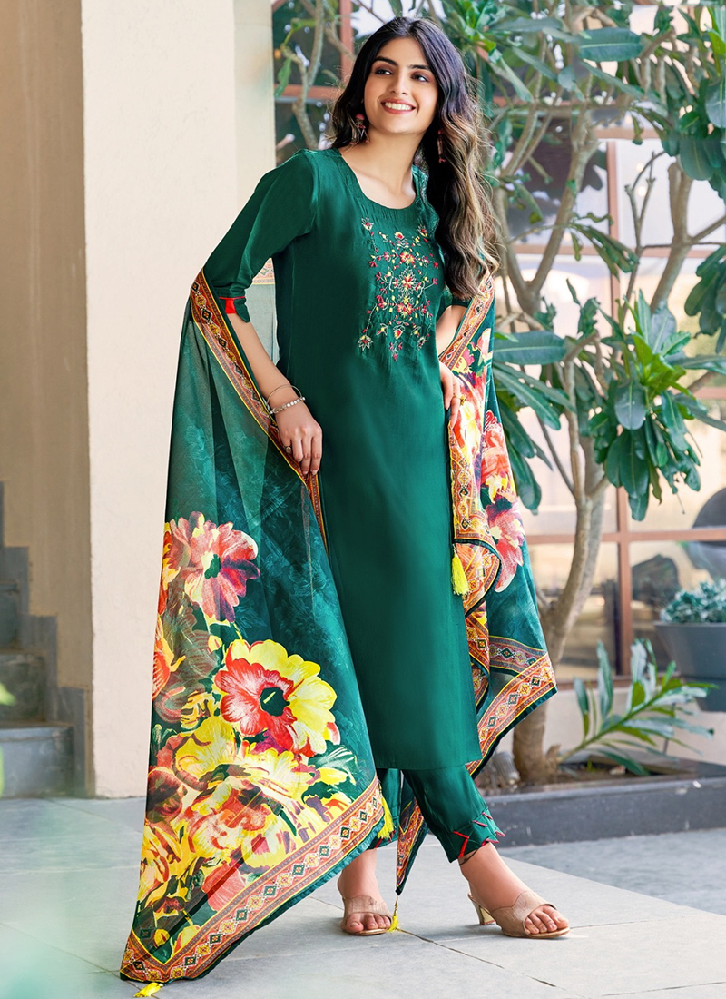 Green Roman Silk Party Wear Khatli Work Readymade Kurti With Pant And Dupatta SRISHTI 10002