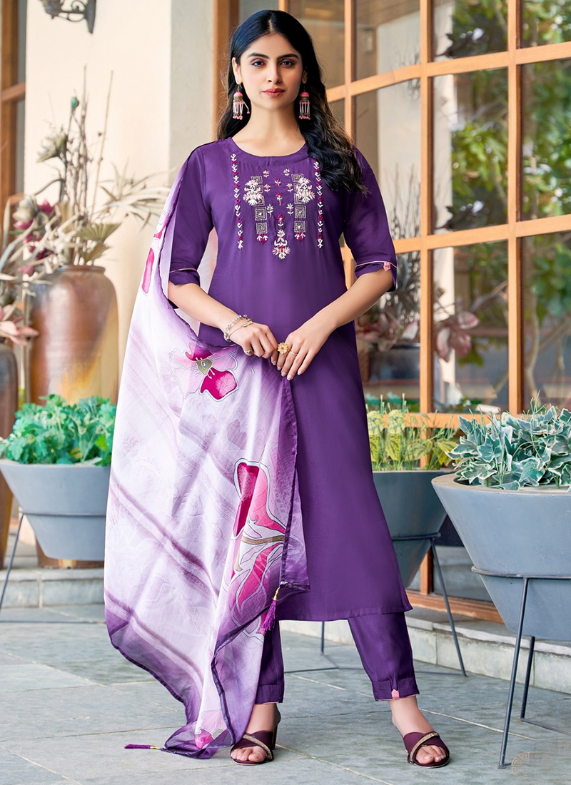Purple Roman Silk Party Wear Khatli Work Readymade Kurti With Pant And Dupatta SRISHTI 10001