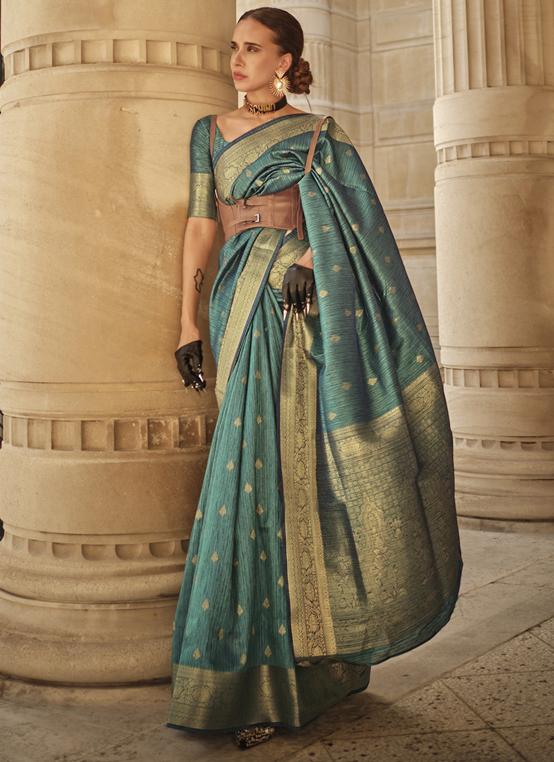 Appealing Sky Blue Linen Fabric Party Wear Weaving Saree