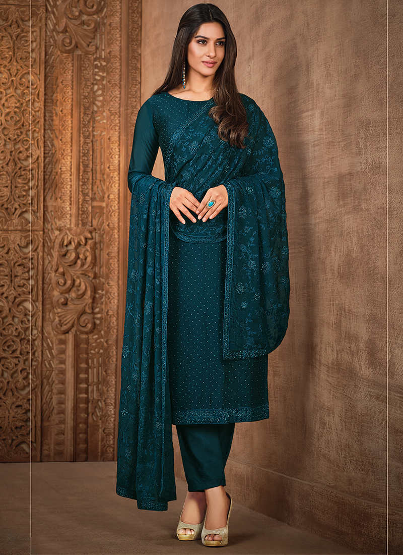 Buy Blue Tone Geo Party Wear Heavy Work Kurti With Pant And