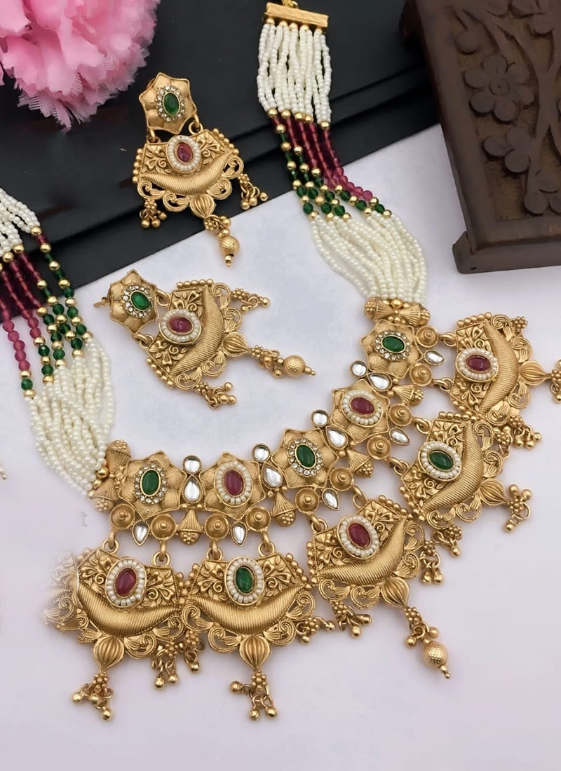 Buy Pink Green Brass Rajwadi Kundan Necklace Set Online From