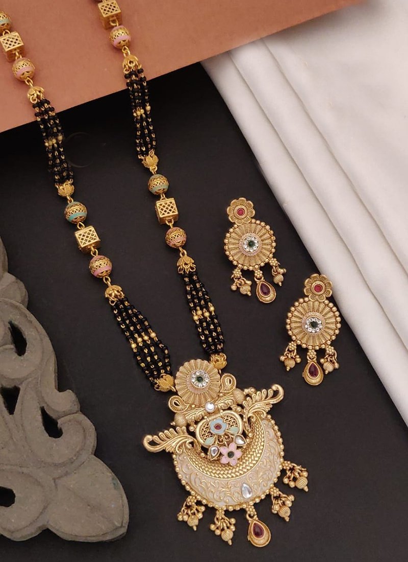 Buy Long Mangalsutra Designs Set With Diamond Earrings Gold Plated Necklace  Peacock Shape Pendant Diamond Mangalsutra 2 Line Black Beads Chain Gold  Mangalsutra Latest Designs For Women (34 Inches) at Amazon.in
