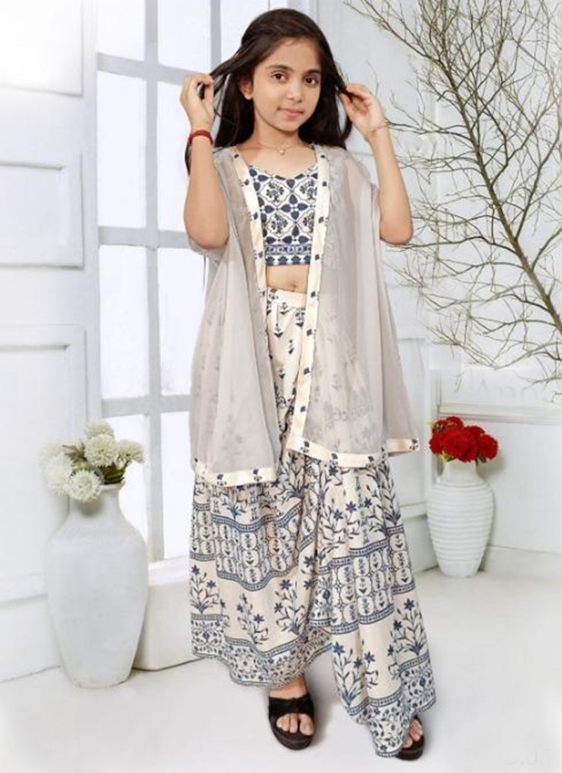 Lycra White Blue Wedding Wear Digital Printed Readymade Kids Indo Western