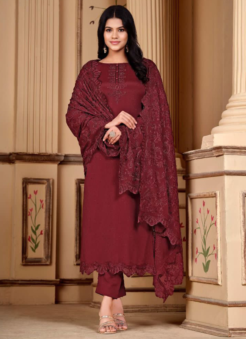 Buy Maroon Rangoli Silk Party Wear Embroidery Work Designer