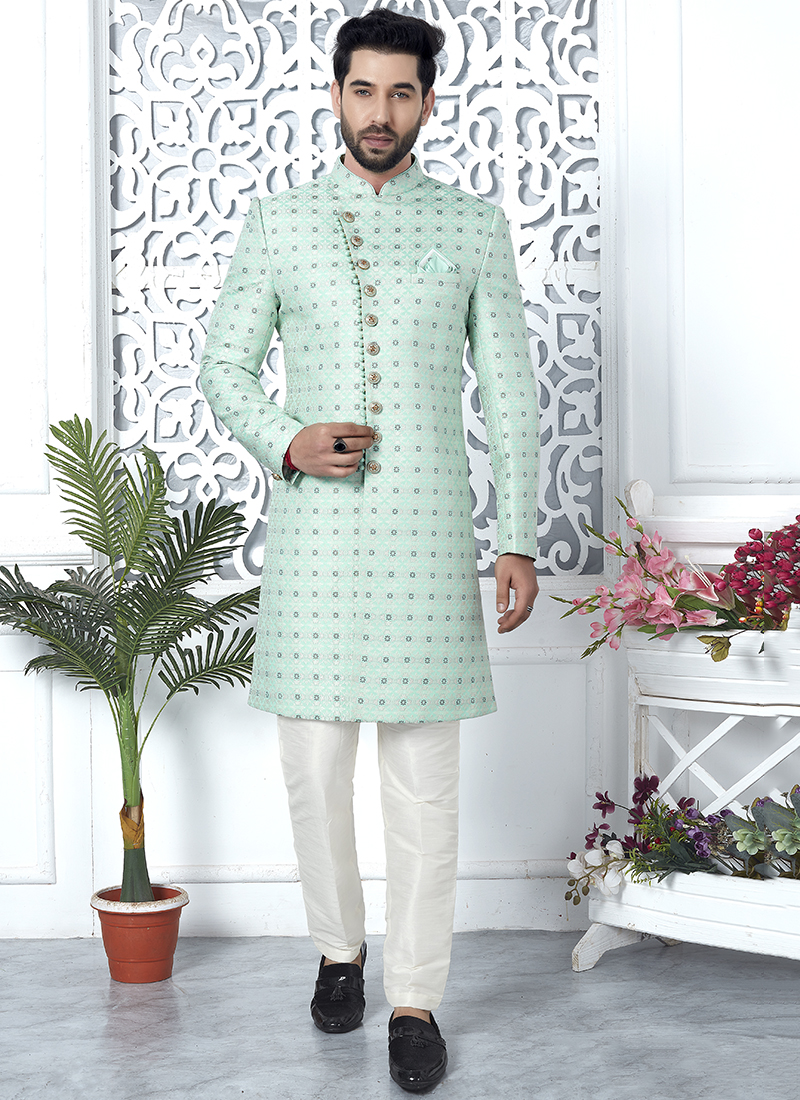 Buy Green Jaquard Silk Party Wear Pattern Pc Work Readymade Mens Indo Western Online From Wholesale Salwar