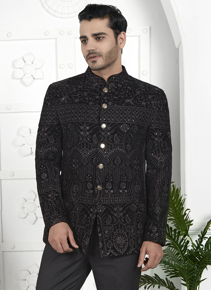 Collar Mens Jackets Wholesale Black Imported Jaquard Silk Party