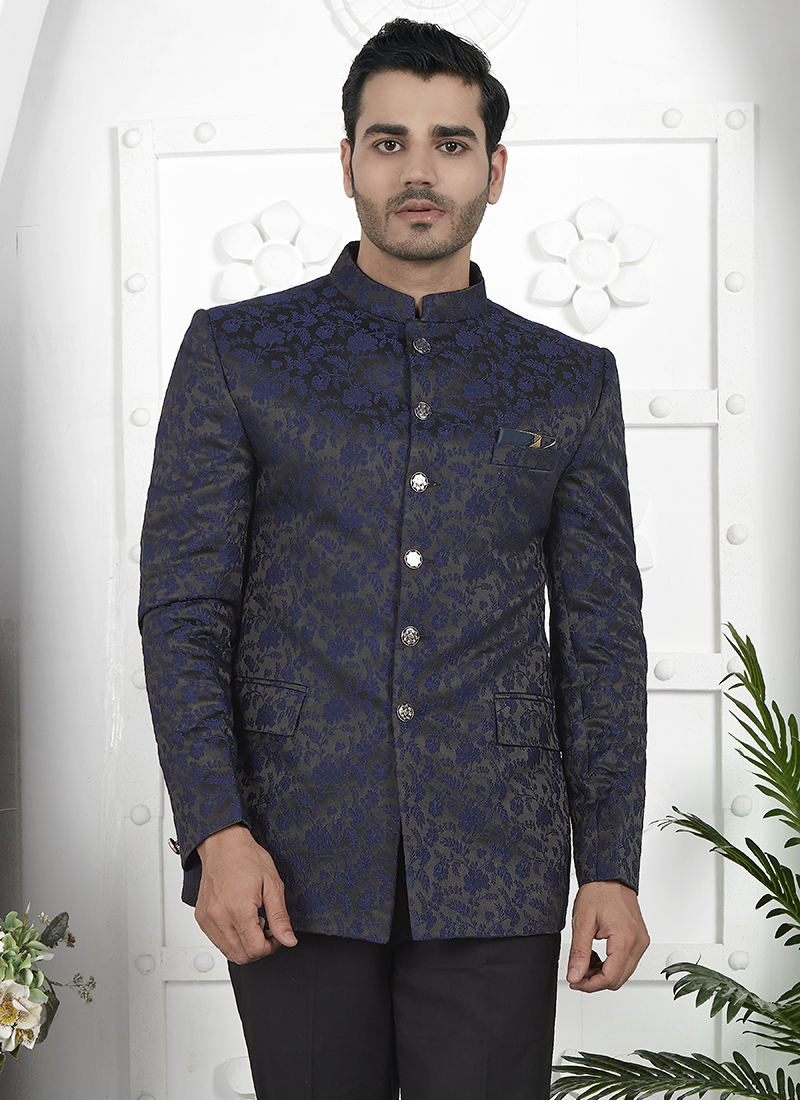 Buy Navy Blue Imported Jaquard Silk Party Wear Pattern Pc Work