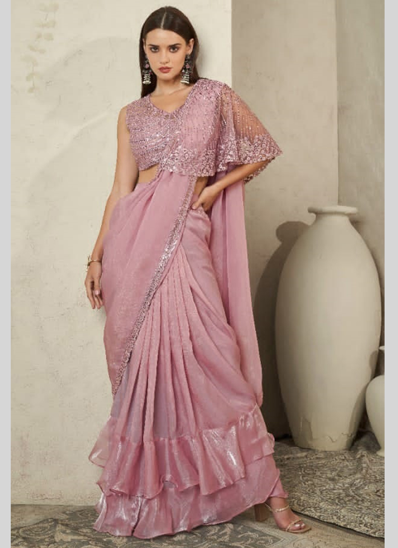 Embroidered Organza Party Wear Saree in Pink with Blouse - SR24627