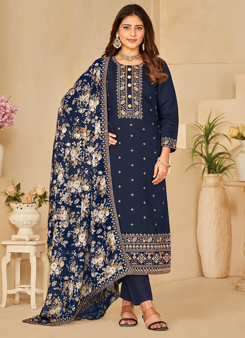 Buy Navy Blue Roman Silk Party Wear Embroidery Work Designer