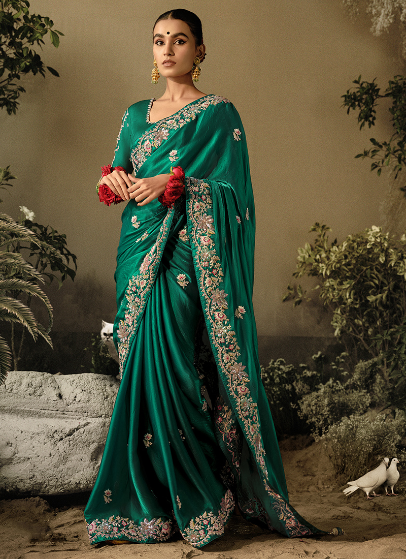 Pure Fancy Fabric Bottle Green Wedding Wear Heavy Embroidery Work Saree