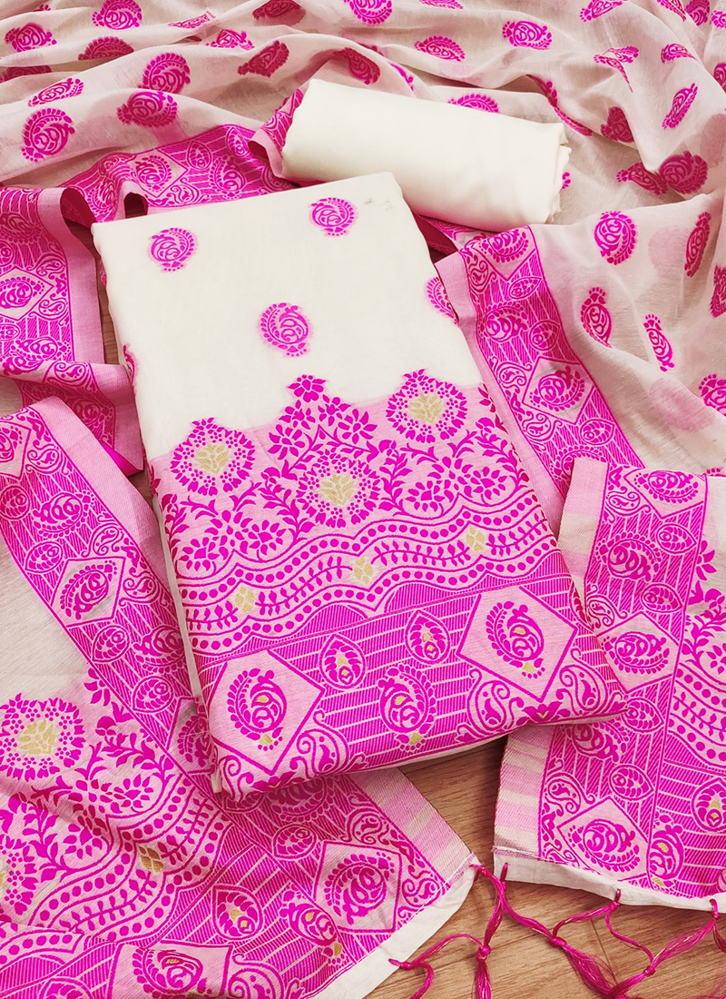 rani pink dress material Rani Pink Dola Silk Gold Zariwork Unstitched Dress Material With Matching Bottom And Dupatta