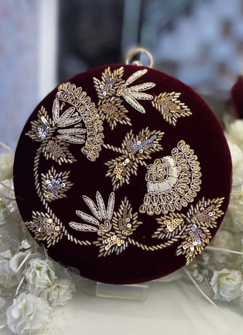 Party Wear Maroon Embroidered Round Shape Clutch For Women