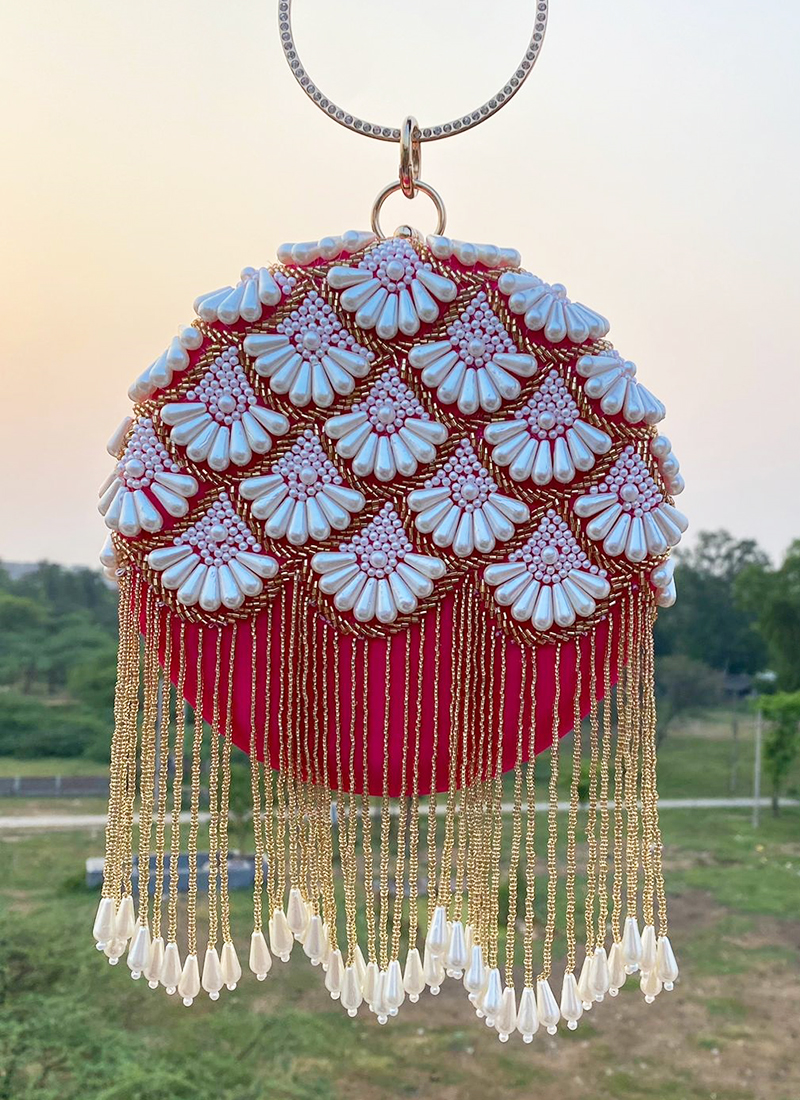 Buy Party Wear Pink Handmade Round Wooden Clutch Online From