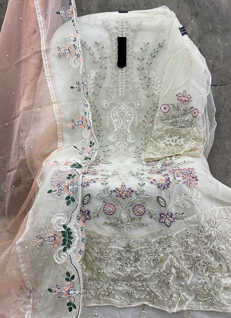 Organza Off White Party Wear Embroidery Work Pakistani Salwar Kameez