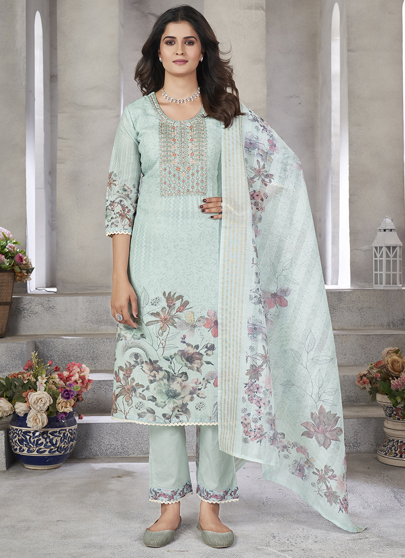 Buy Linen Cotton Light Blue Daily Wear Floral Print Readymade
