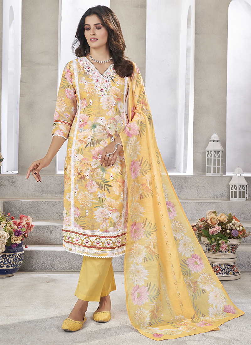 Buy Linen Cotton Light Yellow Daily Wear Floral Print Readymade