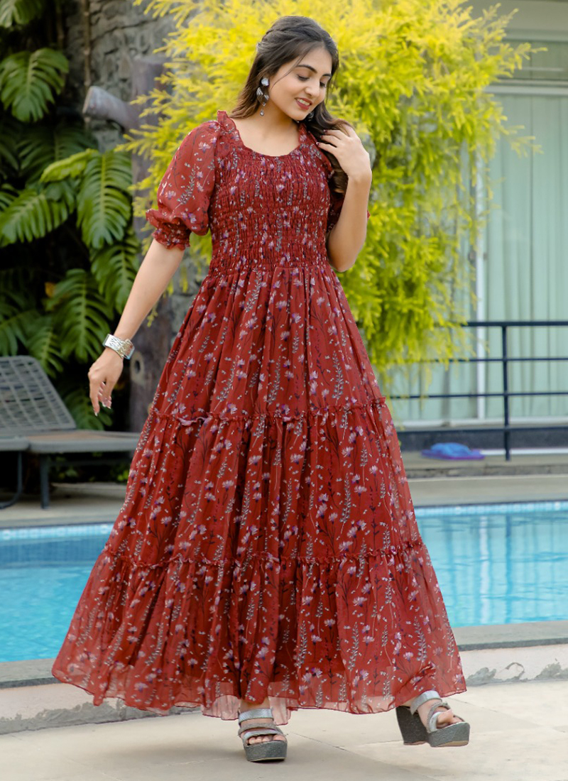 Wholesale Womens Long Dresses Online Georgette Maroon Party Wear Printed  Readymade Maxi Dress