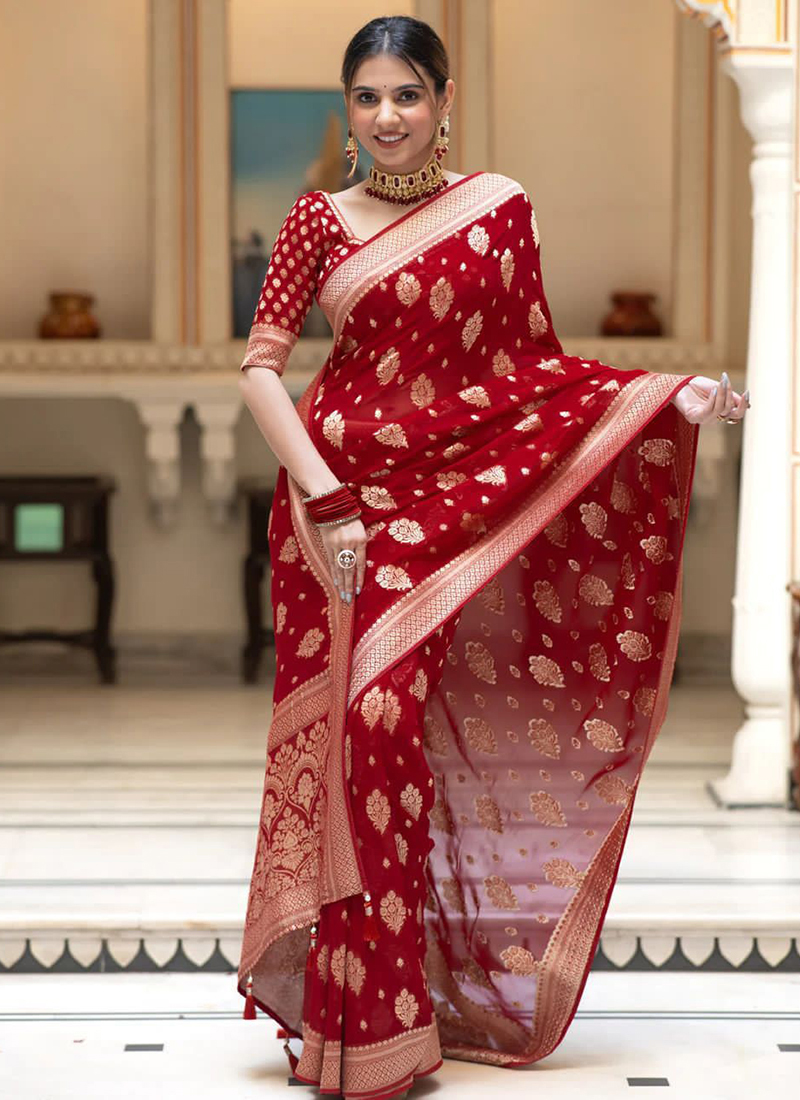 Buy Banarasi Silk Red Wedding Wear Weaving Saree Online From