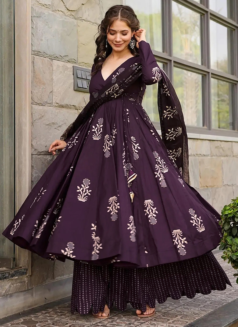 Buy Pure Muslin Dark Purple Party Wear Printed Readymade Anarkali