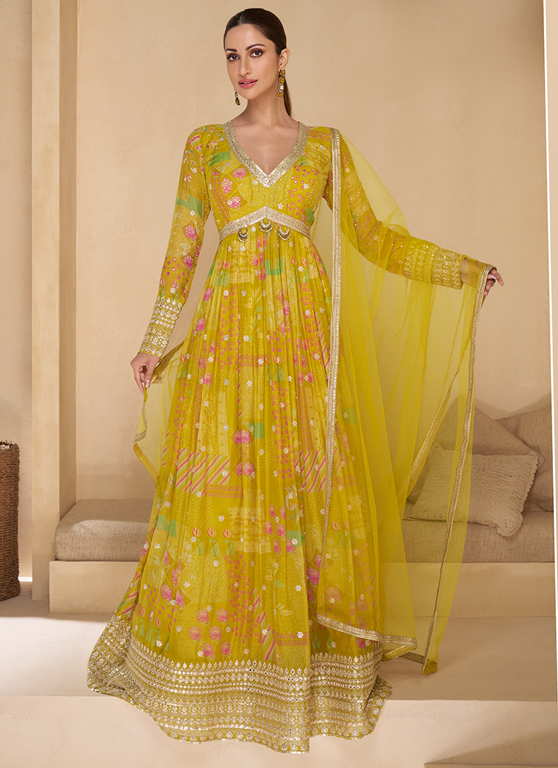 Buy Real Georgette Yellow Party Wear Embroidery Work Readymade